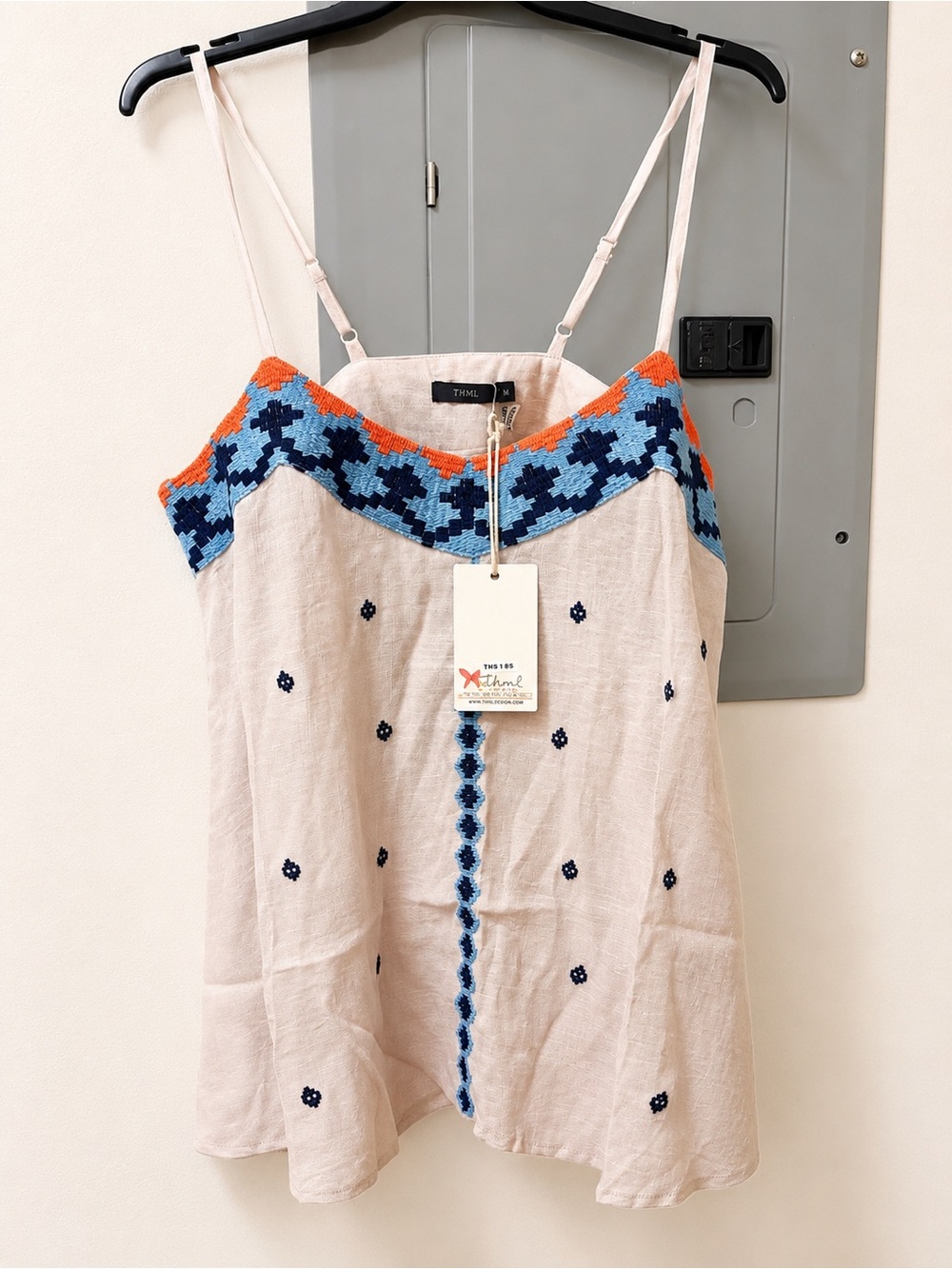 THML Cream Tank Top with Blue and Orange Embroidered Yoke